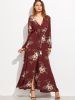 women floral print chiffon rose print drawstring maxi dress